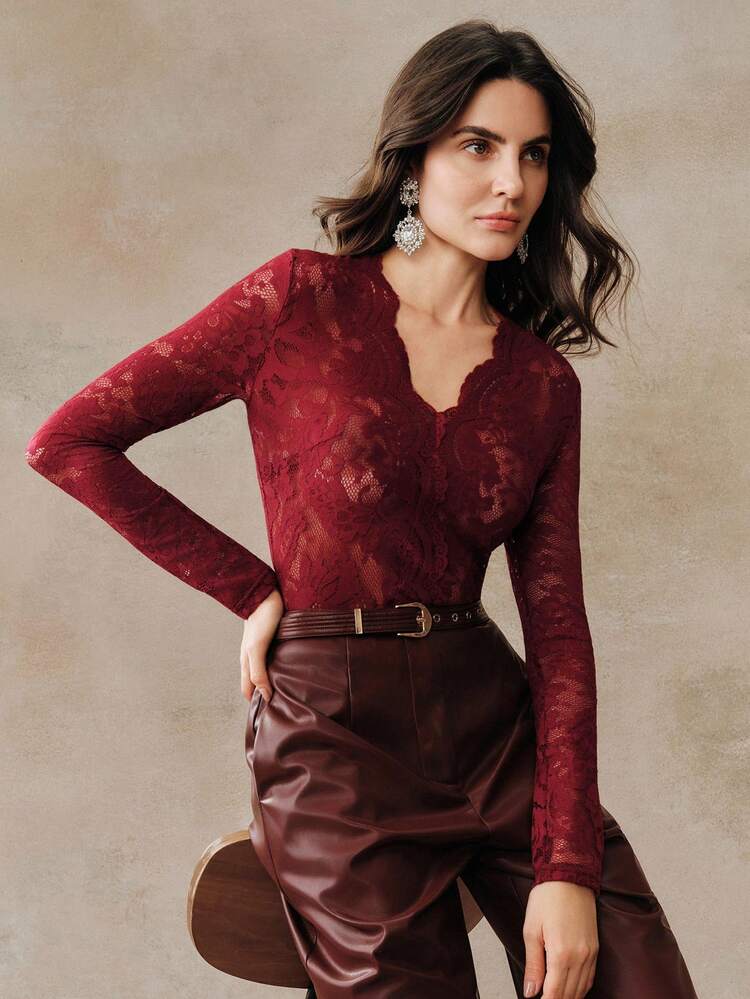 High Quality Fashionable Standard Size Summer New Vintage Sexy Burgundy Lace Blouse, V-Neck Hollow Out Fitted Long Sleeve Sweet Casual Date Vacation Layering Top