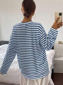 Livesso Tricou lung pentru femei, croială lejeră, culoare solidă, guler rotund, mânecă lungă - Albastru si alb - Vizualizare 2