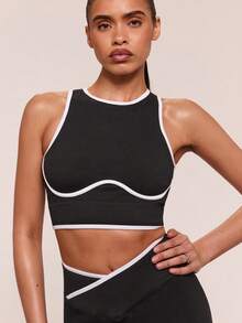 SHEIN BAE Damski krótki top z asymetrycznym stanem i legginsami sportowymi, zestaw do ćwiczeń na siłownię, strój fitness, zestaw legginsów do ćwiczeń, żebrowany zestaw do ćwiczeń dla kobiet - Czarne - Zobacz 7