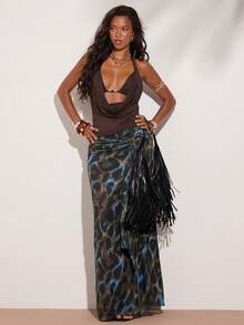 SHEIN BAE 棕色性感豹纹网纱针织流苏低腰半身裙，适合海滩派对、沙滩裙、法国南部度假、早午餐、闺蜜聚会等场合。 - 棕色 - 查看 1