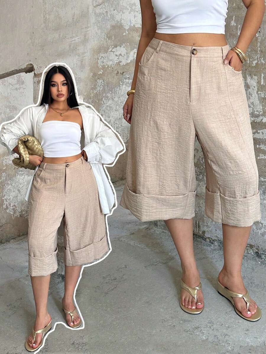 POPSWAY 新款优雅时尚休闲设计，七分裤长，高腰阔腿裤，裤脚收口，宽松显瘦，适合春夏穿着。 - 杏色 - 查看 1