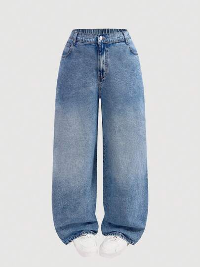 SHEIN CURVE+ 大码女式休闲日常通勤百搭宽松阔腿牛仔裤
