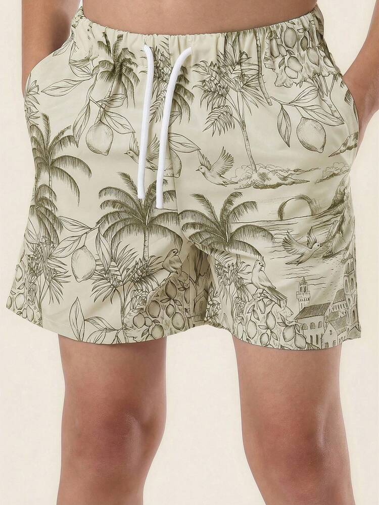 Tropical Print Swim Shorts With Drawstring
