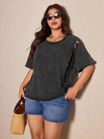 Elaquor Plus Size Women's Solid Color Round Neck Short Sleeve Distressed Loose Casual T-Shirt