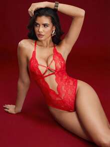 EmpressEnvy Floral Lace Scallop Trim Crisscross Teddy Bodysuit Lingerie Body Pizzolingerie Sexy>Redlace Bodysuitlingerie One Piecelingerie Set>Red - Red - View 2