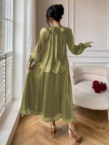 DAZY Bộ đồ 2 mảnh thanh lịch màu trơn gồm áo sơ mi cổ buộc dây và chân váy dành cho nữ, thích hợp cho mùa xuân/hè. - màu xanh lá - Xem 2