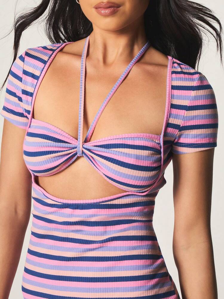 MISSGUIDED Striped Ribbed Mini Dress With Plunge Front Cut Out Detail And Halter Neck Design For Summer Party Occasions