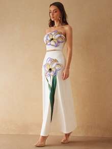 Silquee 女士花卉印花优雅中长裙 - 白色 - 查看 6