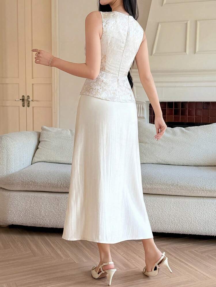 Women's Elegant Foil Print Round Neck Top And Skirt 2 Pieces Set, Summer