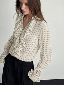 Aveloria Modichic Áo kiểu dáng thanh lịch, rộng rãi, in họa tiết hoa Paisley và hoa điều, chất liệu chiffon xếp lớp, cổ bèo nhún, cài cúc phía trước, phong cách cổ điển dành cho nữ. - Màu be - Xem 5