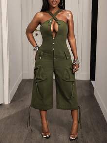 BamGleam Women's Street Fashion Pocket Denim Jumpsuit - Army Green - View 4
