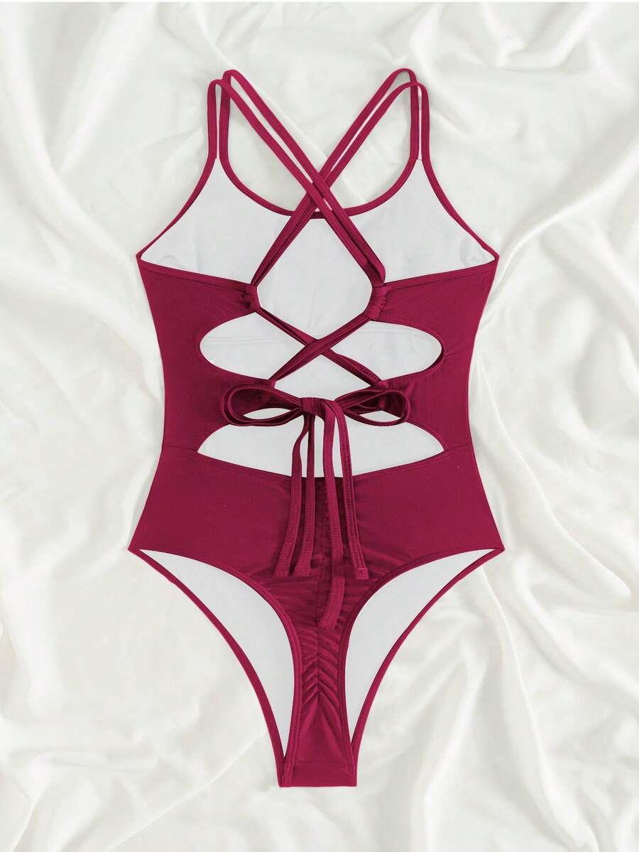 SHEIN Swim 女士性感露背交叉绑带侧边褶皱连体泳衣,夏季沙滩装 - 酒紅色 - 查看 1