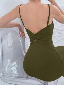 Aloruh Backless Tie-Back Spaghetti Strap Dress, Stretchy, Summer,Summer Dresses For Women - Army Green - View 2