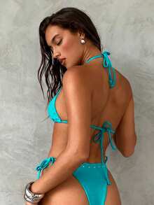 Aloruh 女士新款性感优雅音乐节比基尼套装，梅紫色铆钉装饰三角上衣，细肩带系带泳裤，低腰迷你短裤，沙滩罩衫，夏季泳装 - 淺藍色 - 查看 2