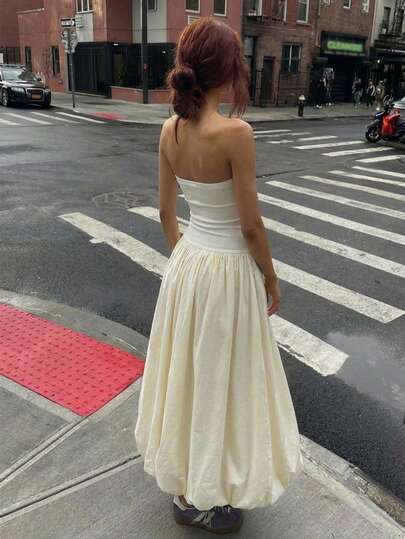 Aloruh Women's Apricot Elegant Romantic Modern Fashionable Date Night Dinner Daily Commute Fitted Waist Ruched Strapless Dress, Spring/Summer