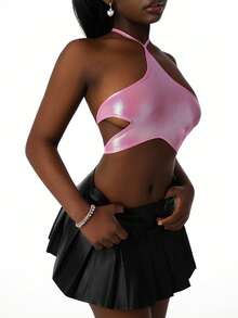 Amplova Women's Sexy Backless Star Print Top, Shiny Pink Fabric, Suitable For Music Festivals, Cute & Sexy - Pink - View 4