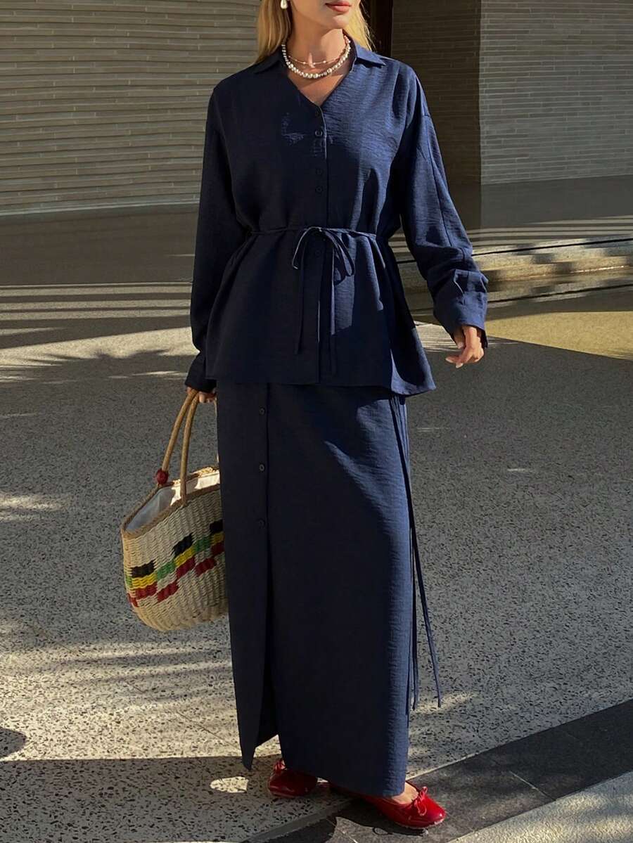 Livesso 2pcs/Set Women Casual Collared V-Neck Tie Top And Skirt Set - Blue - View 1