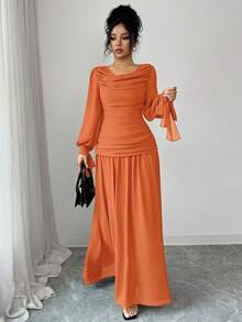 Elenzga Đầm chiffon thanh lịch dành cho nữ, cổ bèo nhún, tay phồng, thiết kế thắt eo, thích hợp cho các dịp trang trọng như tiệc cocktail, đám cưới, lễ tốt nghiệp, Halloween, Giáng sinh, Quốc khánh, Năm mới, màu nâu. - trái cam - Xem 5