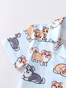 Bộ đồ ngủ ngắn tay cổ bẻ họa tiết chú chó con màu xanh hoạt hình dễ thương cho bé trai. - Màu xanh nhạt - Xem 5