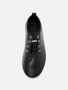 New Women Casual Leather Suede Ballet Flats, Black Lace Up Ballet Shoes, Autumn Winter - Black - View 9