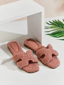 SHUZIA 女士纯色平底毛茸茸凉鞋万圣节圣诞节秋冬 - 杏色 - 查看 8