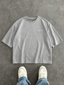 SWAVVY 男士标语刺绣圆领休闲宽松T恤 - 灰色 - 查看 5