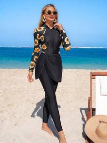 Swim Mulvari Set de 3 piezas de traje de baño burkini elegante para damas con mono de manga larga sólido y estampado de girasol, leggings y minifalda para primavera/verano - Negro - Ver 5