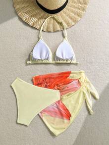 SHEIN Tween Girl Floral Print Halter Bikini Set With Matching Sarong Skirt, Beach Vacation - Yellow - View 2