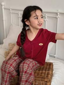 DAZY Young Girl Letter Print Short Sleeve Top And Plaid Pants Pajama Set - Red - View 4