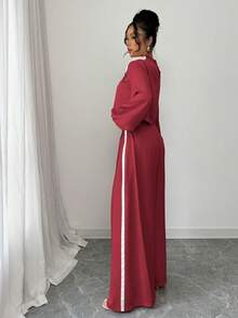 Modelyn Women's Spring/Summer Woven Long Sleeve Mushroom Button Embroidered Casual Commuter Top And Straight Leg Pants 2 Pieces Set - Red - View 2