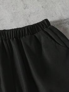 Mirajuku 青少年男孩街头风黑色工装裤，趣味笑脸印花，锥形裤腿，多口袋，休闲长裤 - 黑色 - 查看 3