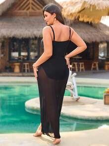 Swim Oasis Plus Size Elegant Sexy Women Beach Backless Metal Decor Hollow Out Swimwear & Cover Up Set - Black - View 2