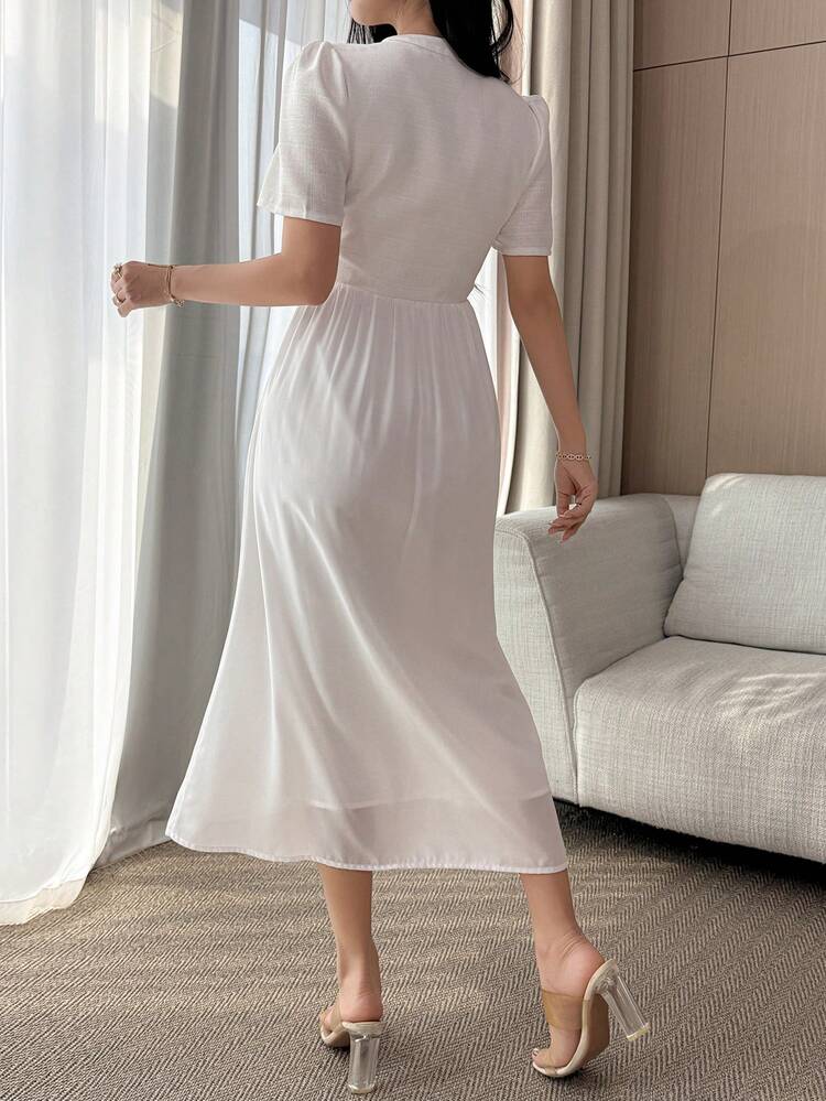 V-Neck Waist Cinched A-Line Dress, Elegant & Graceful For Women Sundress