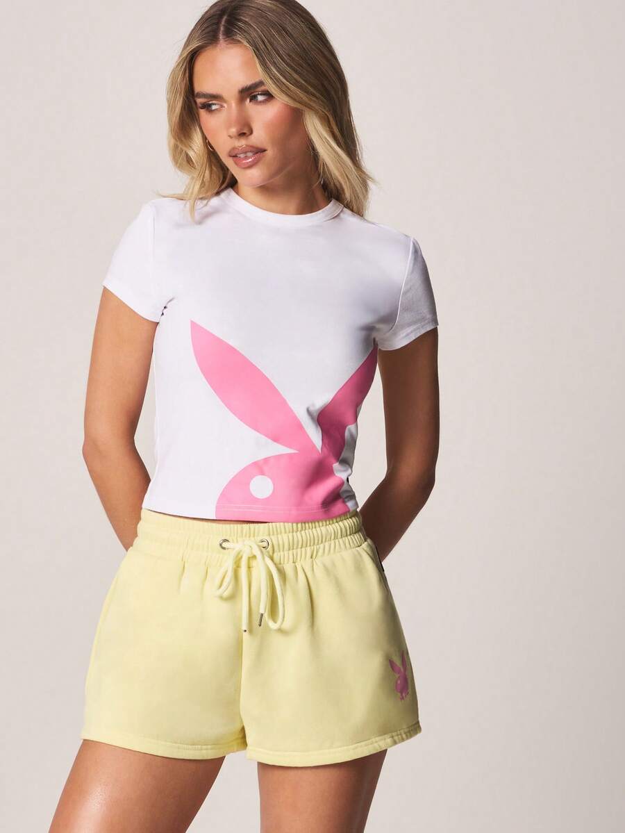 Missguided x Playboy 修身短款印花T恤，饰有兔子图案，短袖圆领，棉混纺面料，夏季休闲上衣 - 白色 - 查看 1