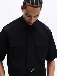 SUMWON Men's Cropped Button Front Shirt With Detachable Tie And Dual Chest Pockets Short Sleeve Collared Top - Black - View 4