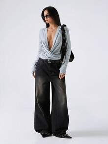 LYSMO Women's Criss-Cross Deep V-Neck Ruched Striped Sexy Long Sleeve Top - Multicolor - View 4