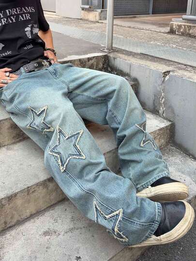 ROMWE MEN Anime Spring/Summer Casual Graphic Vintage Fashion Five-Pointed Star Pattern Decor Loose Summer Versatile Jeans