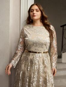 ZEYLAH Embroidered Floral Elegant Long Sleeve Maxi Dress With Waist Cinching And Flared Skirt - Champagne - View 5
