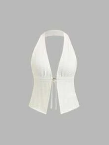 Sweetra Apricot Textured Knit Halter Starfish Pendant Top And Mini Bodycon Skirt Set - Apricot - View 3