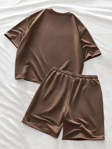 AXEPEAK Men's Simple Print Short Sleeve T-Shirt And Shorts Set - Coffee Brown - View 8