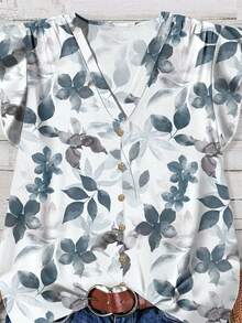 EMERY ROSE Aquarell Herbstblatt Muster Lehrer Geschenk Lässiges Minimalistisches Große Größen Shirt, geeignet für den Herbst - Graublau - Übersicht 3