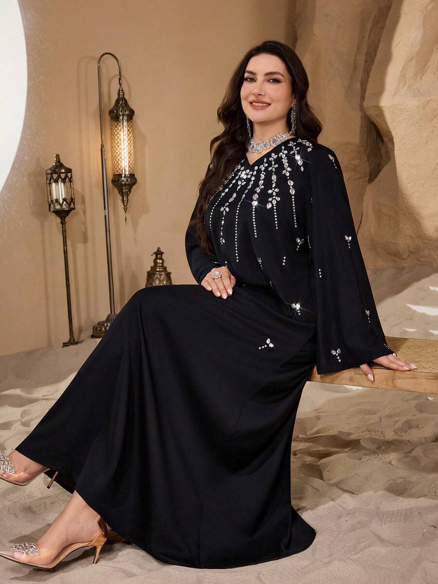 Al Najma Vestido holgado con cuello en V, manga larga y adornos de strass, de tela brillante y cómoda, adecuado para mujeres de talla grande