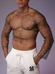 DSELFIQUE Áo thun dài tay nam màu đen xuyên thấu gợi cảm đính đá - màu đen - Xem 1