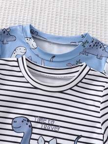Conjunto de 4 piezas de pijama de manga corta suave y cómodo con estampado de dinosaurios de dibujos animados para niños pequeños - Multicolor - Ver 5