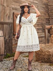 Ceyna Plus Size Square Collar, Ruffle Trim, Floral Print Elegant Vintage Cute A-Line Midi Dress, Suitable For Holiday & Party - Apricot - View 6