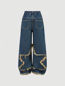 Girlism Quần jeans ống rộng có khuy cài dành cho bé gái tuổi teen, kiểu dáng thường ngày, đa năng, thích hợp mặc hàng ngày. - Rửa tối - Xem 2