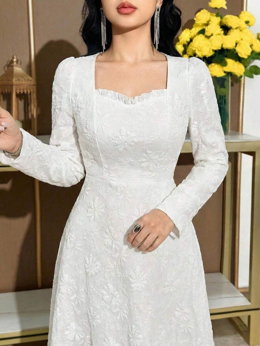 Feyla 优雅复古提花女士方领纯色长袖连衣裙