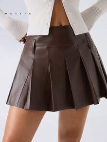 Women's Fashionable Vintage PU Leather Pleated Mini Skirt, Summer - Coffee Brown - View 4