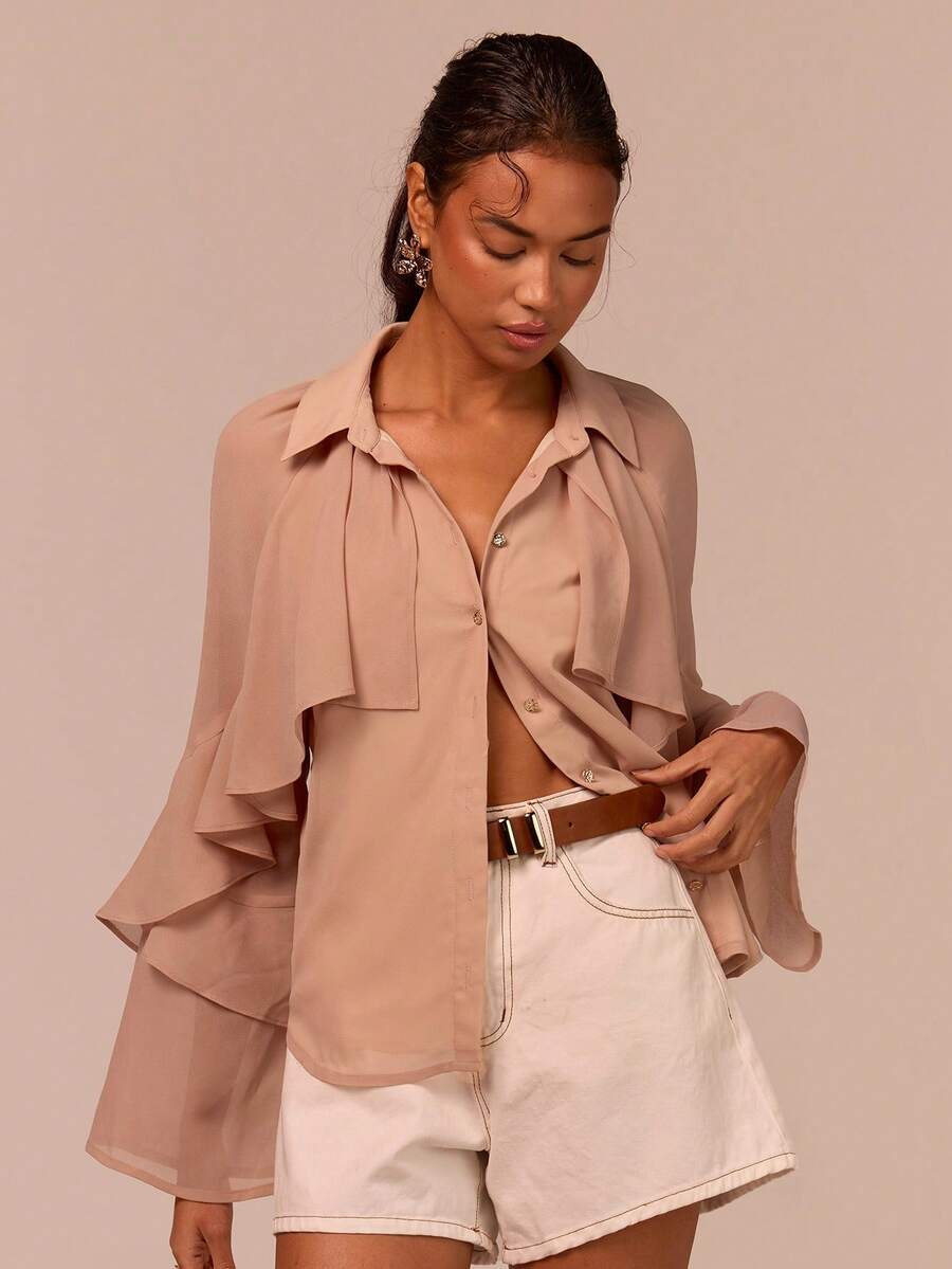 COSMINA Women's Elegant Long Sleeve Ruffle Flowy Blouse,Autumn Dusty Rose Bohemian Loose Top,Versatile For Brunch,Commute,Vacation,Office,Date Beige Shirt - Khaki - View 1