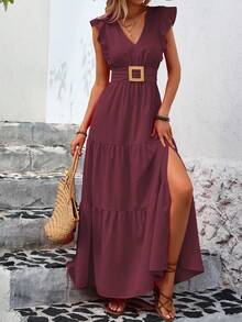 EMERY ROSE Ladies" Solid Color V-Neck Ruffle Sleeve Side Split Summer Dress Maxi Vacation Beach Outfits Women - Maroon - View 4
